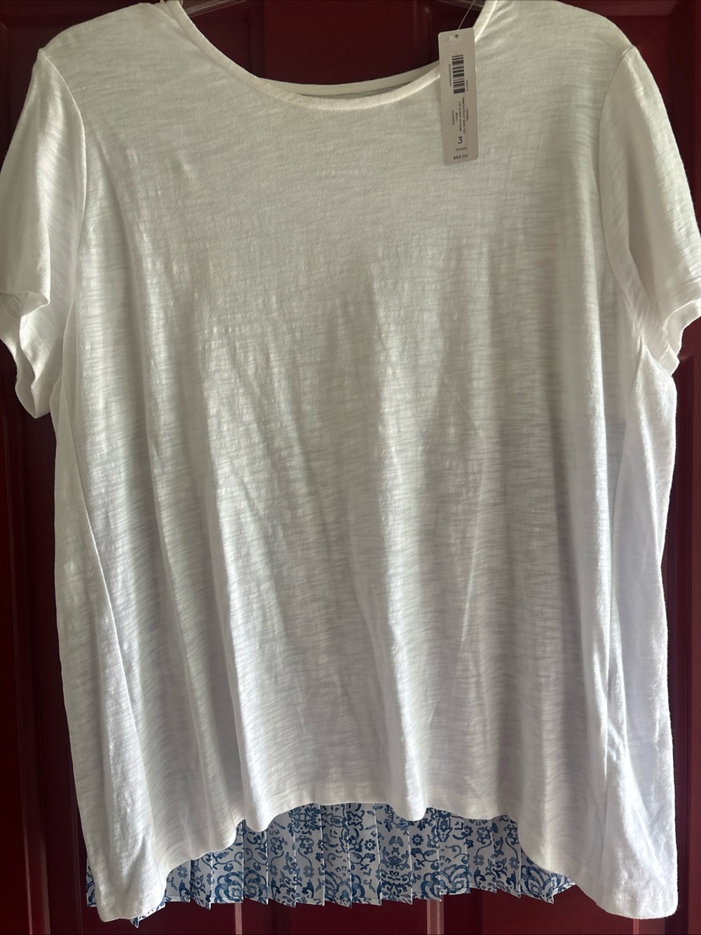 Chico's White Short-Sleeve Tee with Blue & White Print Pleated Back Sz 3 (XL)